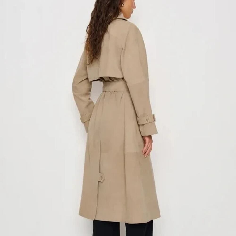 Reformation Veda Leather Jacket Small Tan Suede Trench Coat Belted Double Breast - Picture 11 of 12